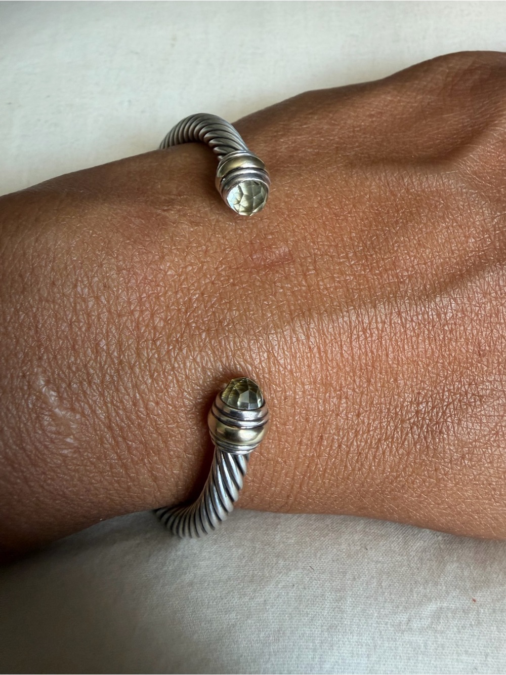 David Yurman Sterling Silver Cuff Bracelet with Prasiolite tips